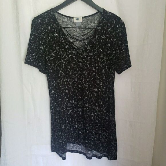 Old Navy Long Black White Short Sleeved Top Semi Sheer Women's Size M - Picture 1 of 8